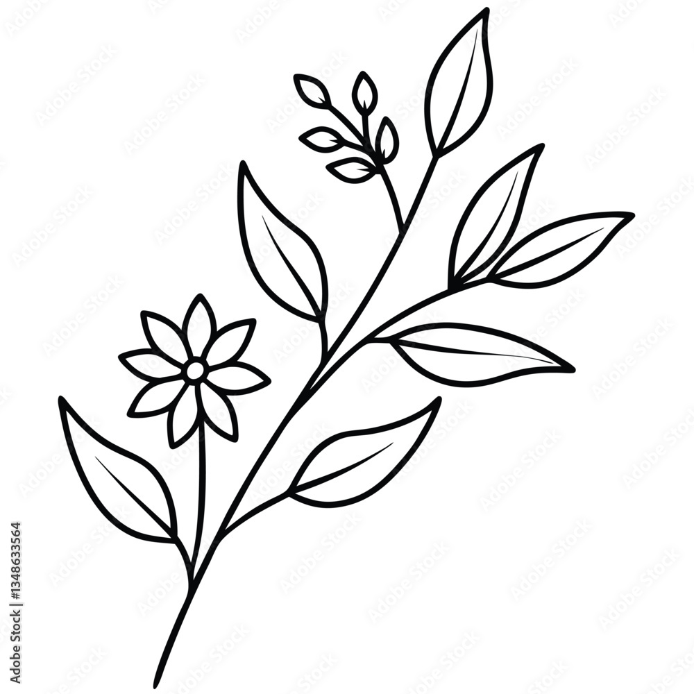 Simple Botanical Line Art Flower, Leaves, and Stem Outline on White Background Simple Botanical Line Art Flower, Leaves, and Stem Outline on White Background