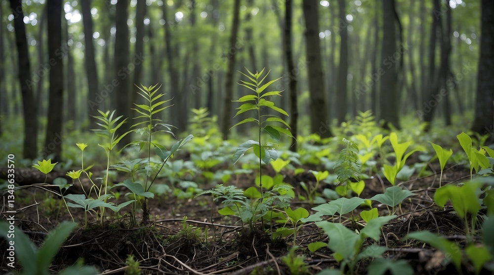 Obraz premium New plant growth in a forest during a climate change event affecting ecosystems