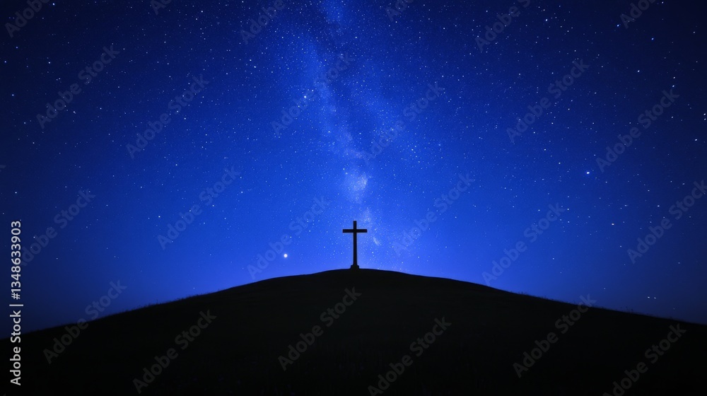 Fototapeta premium Silhouette Cross atop Hill Under Starry Night Sky