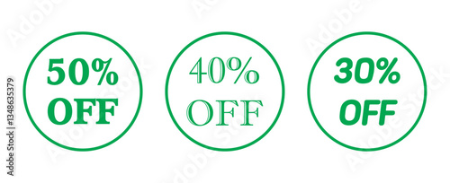 Discount Sale talkers or tags set, 30, 40, 50, percent off. Sale and discount labels green color.
