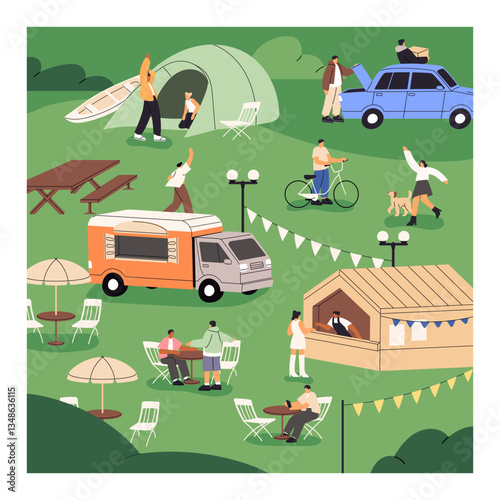 Open air festival with food trucks, camp. Design of card with event in nature, funfair at amusement park. People with tents buy snacks in stalls, kiosks outdoors in summer. Flat vector illustration