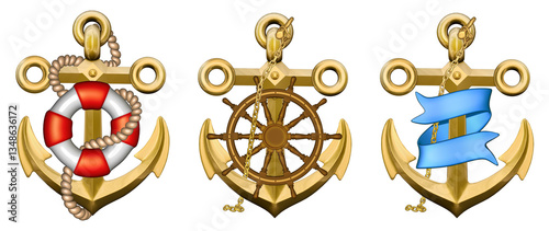 Set of three golden anchors, each featuring different nautical elements: a red and white lifebuoy, a ship's wheel, and a flowing blue ribbon. 3D illustration