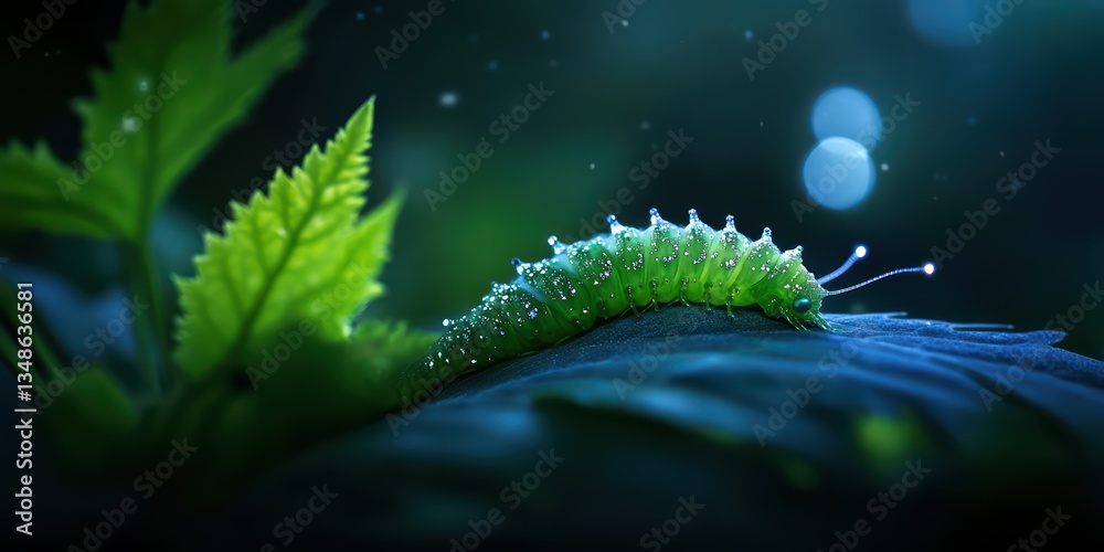 Naklejka premium Close-Up of Green Caterpillar on Leaf with Dew Drops in Nature