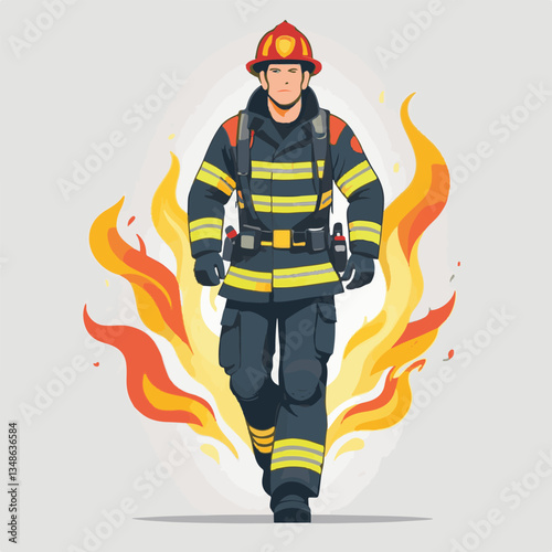 fireman, safety, emergency, firefighter, danger, rescue, fire, man, fighter, uniform, equipment, protection, helmet, service, flame, burn, water, profession, extinguisher, vector, red, hose, backgroun