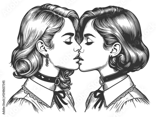woman kissing her mirrored reflection. Elegant and surreal artwork with intricate line details sketch engraving generative ai vector illustration. Scratch board imitation. Black and white image.