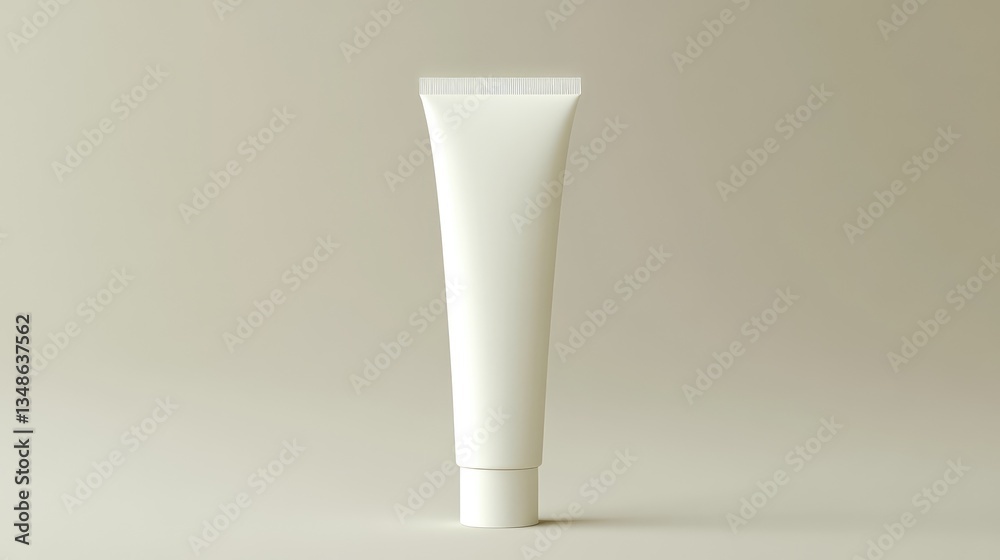 A blank white tube of skincare cream standing upright on a neutral background, ready for branding. A blank white tube of skincare cream standing upright on a neutral background, ready for branding.