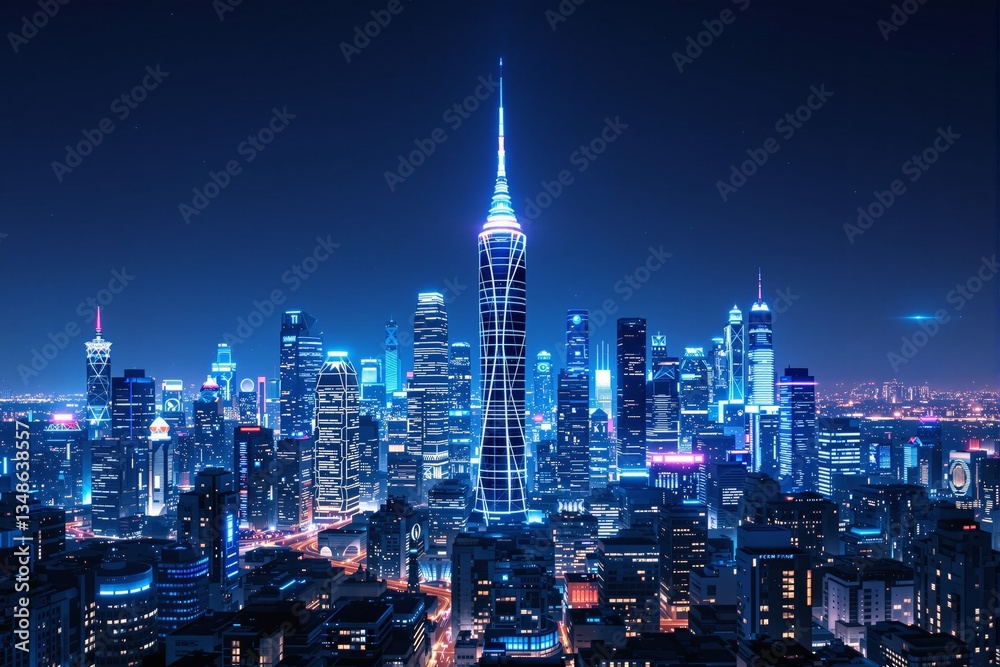 Obraz premium Futuristic city skyline with neon-lit skyscrapers at night.