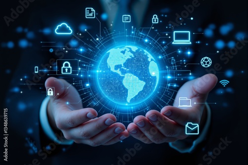 Futuristic digital globe with cybersecurity icons in hands.
