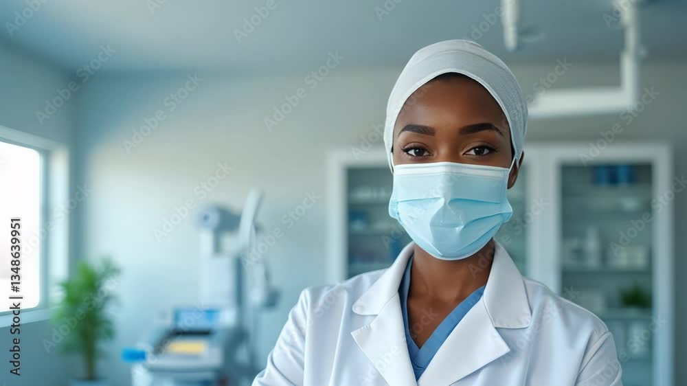 A confident healthcare worker stands in a modern clinic, dressed in a white coat and mask, ready to assist patients A confident healthcare worker stands in a modern clinic, dressed in a white coat and mask, ready to assist patients