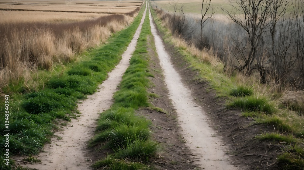 Pathway through a split landscape showing effects of climate change on vegetation Pathway through a split landscape showing effects of climate change on vegetation