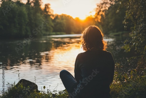 A person sits quietly by a river, listening to the gentle flow of water. They smile softly, feeling thankful for natureâ€™s peace photo