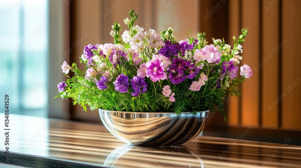 A fresh floral arrangement placed on a polished hotel reception desk, representing cleanliness and elegance.