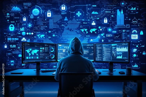 Cybersecurity hacker in hoodie analyzing data on multiple screens in dark room.