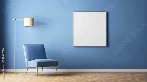Modern interior with blue chair, floor lamp, and blank canvas on blue wall