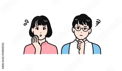 悩む若い夫婦のシンプルなベクターイラストセット