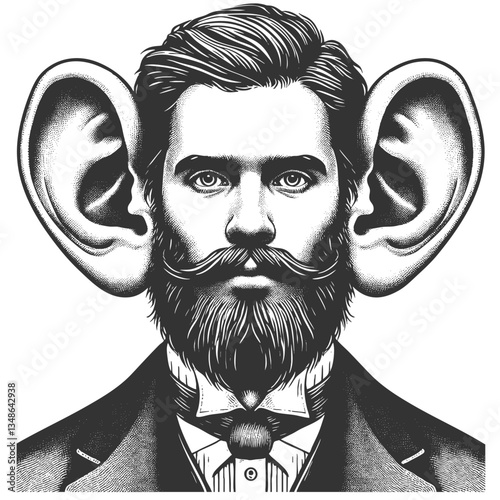 man in vintage attire with exaggeratedly large ears, symbolizing attentive listening or surreal fantasy sketch engraving generative ai vector illustration. Scratch board. Black and white image.