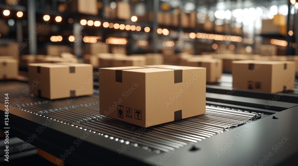 Automated Cardboard Boxes Moving on Conveyor Belt in Warehouse Automated Cardboard Boxes Moving on Conveyor Belt in Warehouse