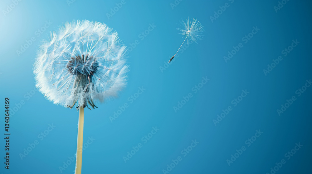 Fototapeta premium Beautiful puffy dandelion and flying seeds against blue sky on sunny day.