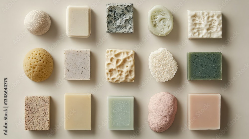 Fototapeta premium A set of pastel-colored soap bars placed neatly on a neutral-toned background, symbolizing hygiene and skin care.