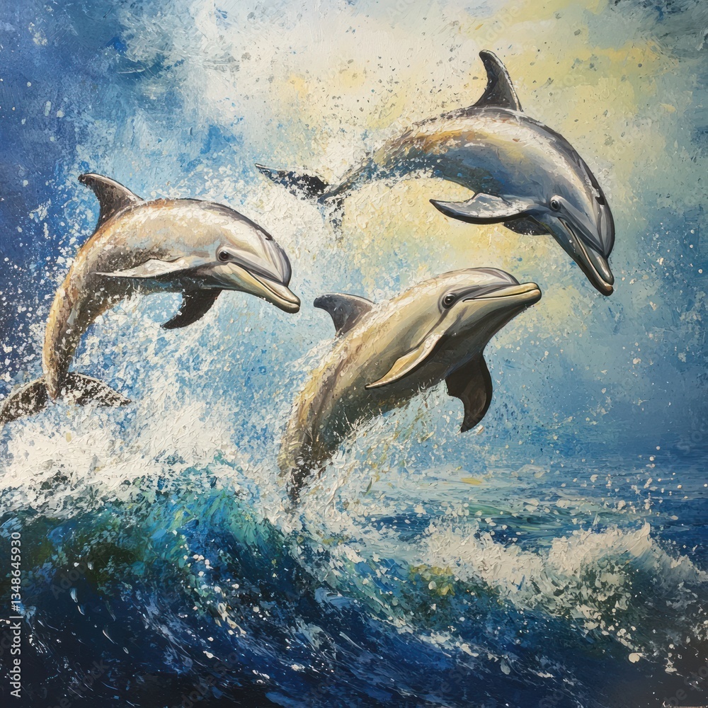Obraz premium Playful dolphins leaping out of water 