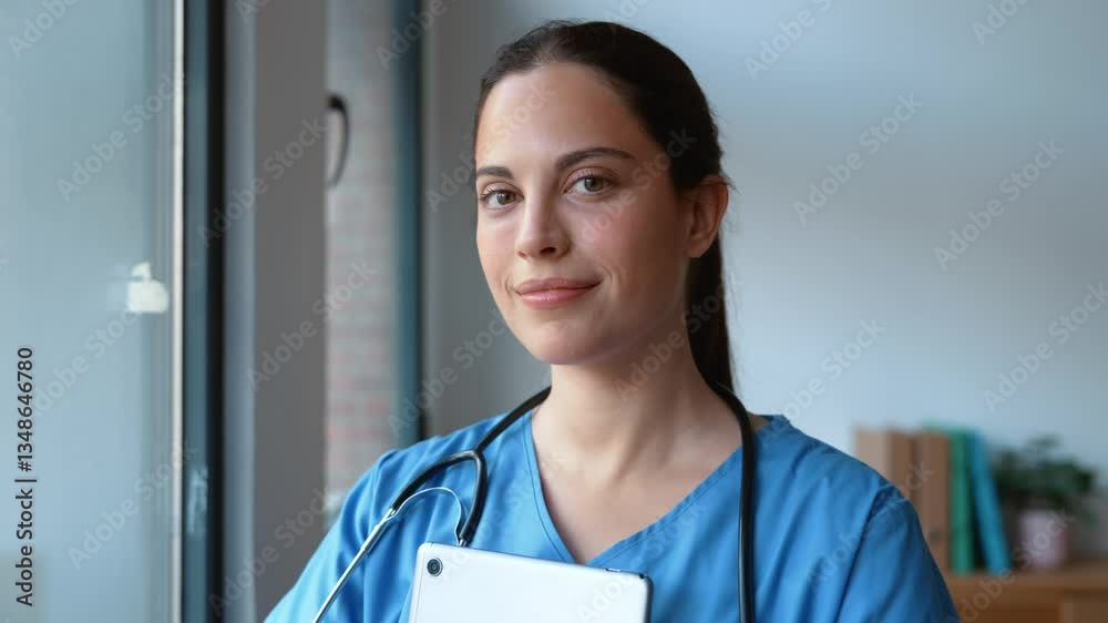 Video of female nurse using her digital tablet while standing in the consultation Video of female nurse using her digital tablet while standing in the consultation