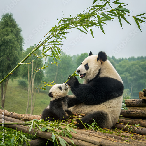 A giant panda is feeding bamboo to its playful cub in a lush setting photo