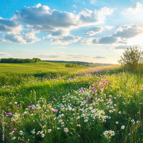 Springtime rural landscape with blooming wildflowers and fresh greenery 