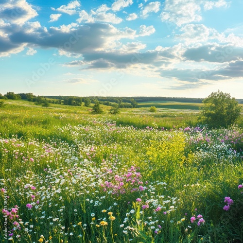 Springtime rural landscape with blooming wildflowers and fresh greenery