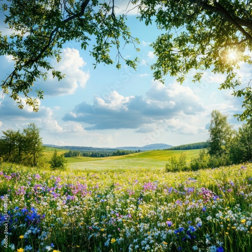 Springtime rural landscape with blooming wildflowers and fresh greenery 