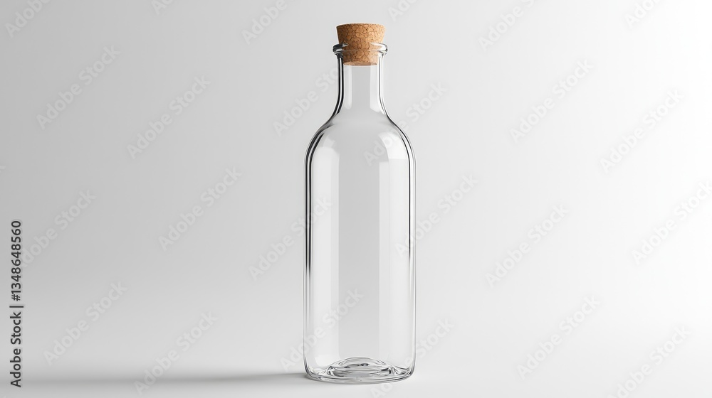 A transparent empty glass bottle with a cork top, placed on a clean white background, ideal for mockup designs. A transparent empty glass bottle with a cork top, placed on a clean white background, ideal for mockup designs.