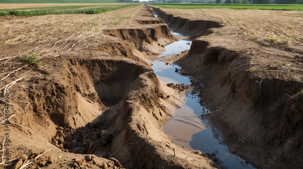 Fototapeta premium Soil erosion gullies from climate change impact on agricultural land