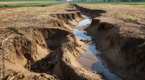 Soil erosion gullies from climate change impact on agricultural land photo