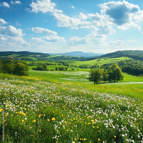 Springtime rural landscape with blooming wildflowers and fresh greenery 