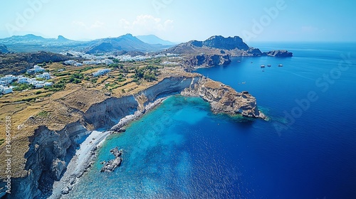 Aerial view of Santorini island with seismic activity symbols indicating earthquake swarm, emergency vehicles in the distance showing the tension and urgency of the situation.
