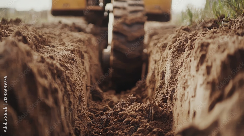 A heavy-duty trencher cutting deep into the ground for pipe installation.