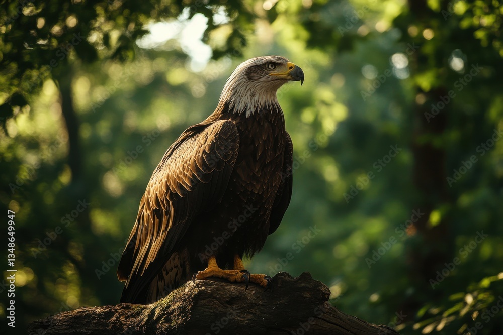 Fototapeta premium Majestic eagle perched on a mossy log, basking in the golden morning light of a serene forest