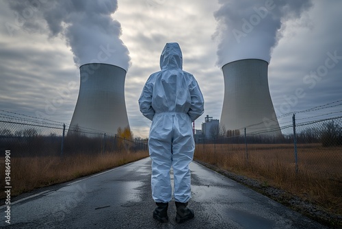 Person in protective suit observing nuclear power plant cooling towers