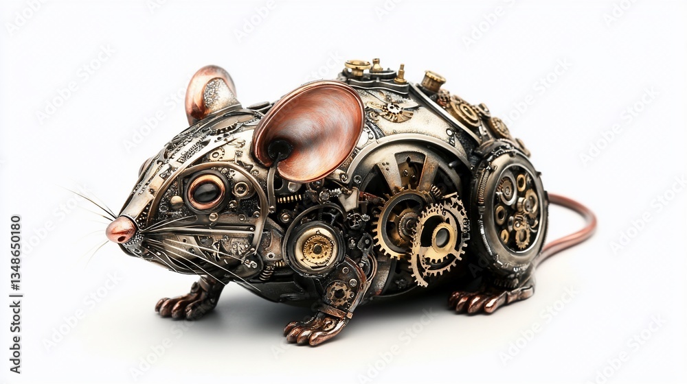 Fototapeta premium Steampunk mouse figurine, gears, white background, art
