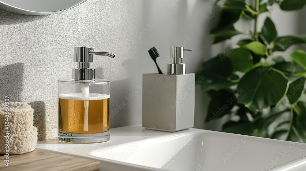 A transparent soap dispenser filled with liquid soap placed neatly next to a white ceramic sink, promoting hygiene and sanitation. A transparent soap dispenser filled with liquid soap placed neatly next to a white ceramic sink, promoting hygiene and sanitation.