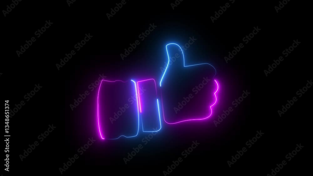 Glowing neon Thumb up like icon animation, like emoji icon, hand gesture like icon 4k video black background.