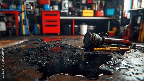 Industrial Garage Floor with Oil Spill and Tools in Workshop Area