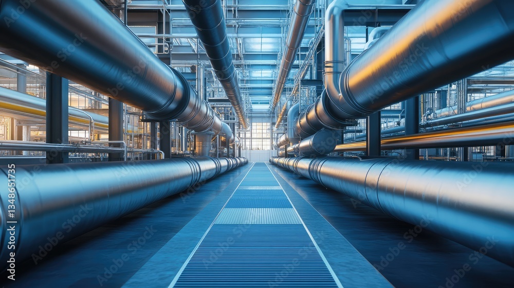 Naklejka premium A network of underground industrial pipes and metal ducts in a factory.