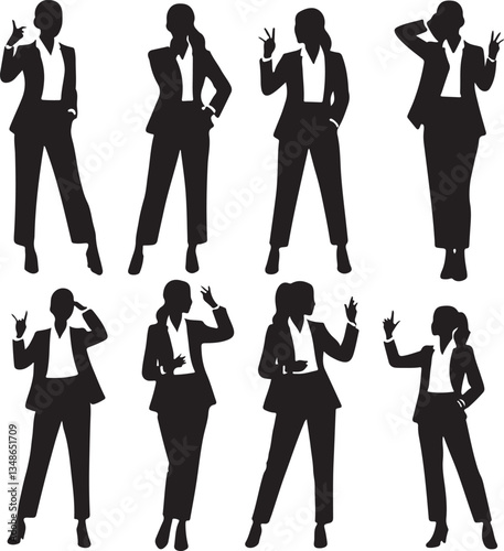 A collection of black silhouettes of women in business suits, displaying various poses and gestures.