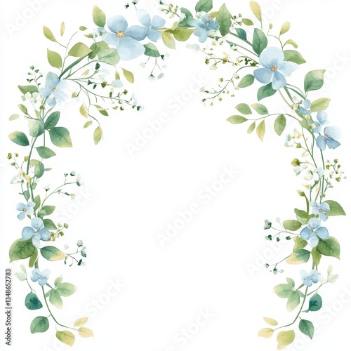 Fototapeta Naklejka Na Ścianę i Meble -  Delicate light blue flower wreath on white background.  A gentle arch of pastel blue flowers and greenery, forming a frame.  Soft watercolor style