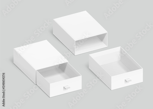 Slider open drawer box with rope pull mockup. Vector illustration isolated on grey background. Can be use for gift box, luxury, cosmetics, and other goods. EPS10.	