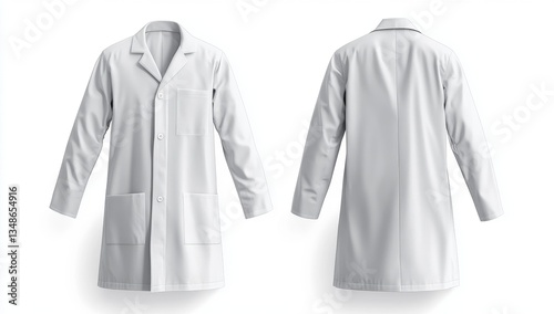 Front and back view of a simple white lab coat.  Detailed, high-quality rendering