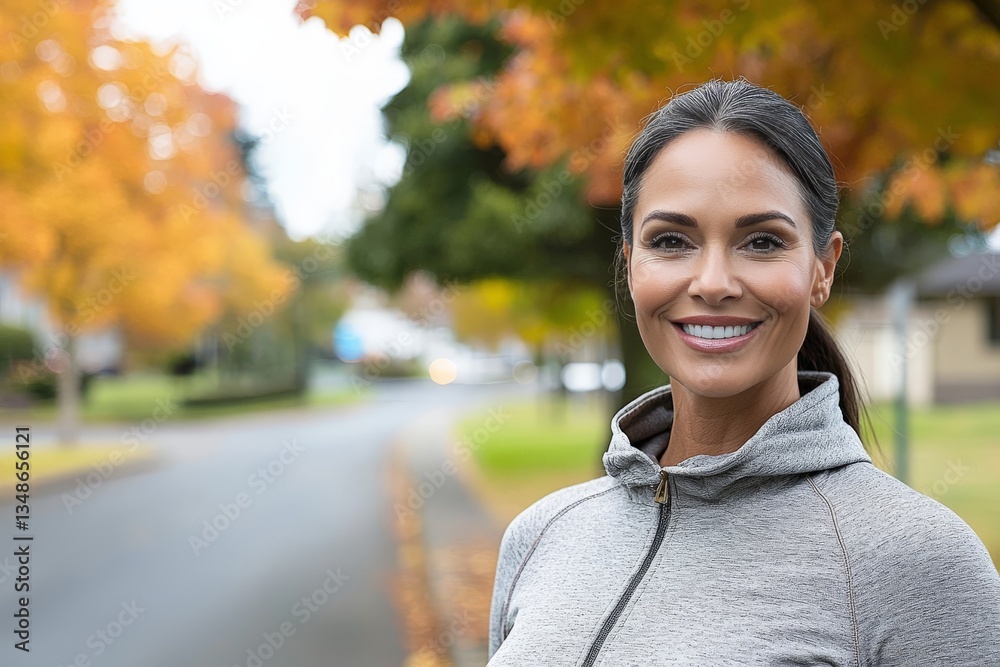 Smiling athletic woman in a gray hoodie standing in a suburban neighborhood with autumn foliage in the background looking healthy and confident Smiling athletic woman in a gray hoodie standing in a suburban neighborhood with autumn foliage in the background looking healthy and confident