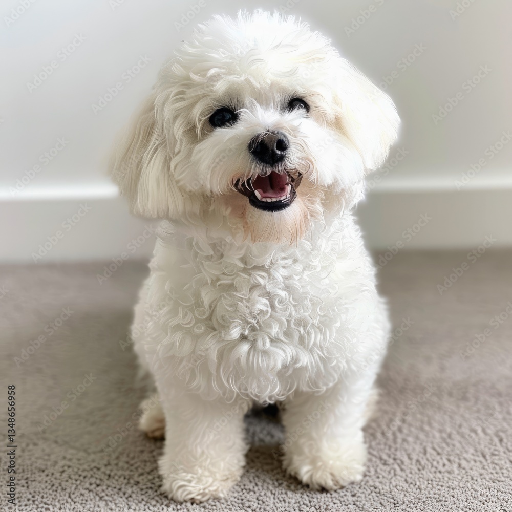 A cheerful fluffy white dog sitting on a carpet, showcasing its playful personality. A cheerful fluffy white dog sitting on a carpet, showcasing its playful personality.