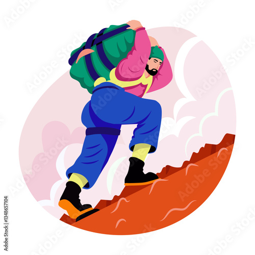 Flat illustration of a worker carrying heavy burden on shoulder 