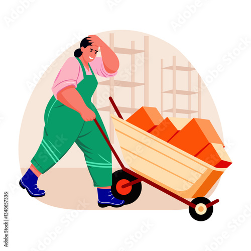 Flat style illustration of a tired worker pushing a wheelbarrow 